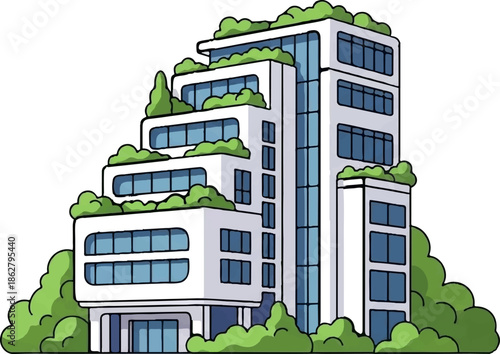 A modern, tiered office building with green terraces and large blue-tinted windows