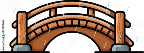 A cartoon-style wooden arch bridge with railings and grey stone bases, under light rain. White background