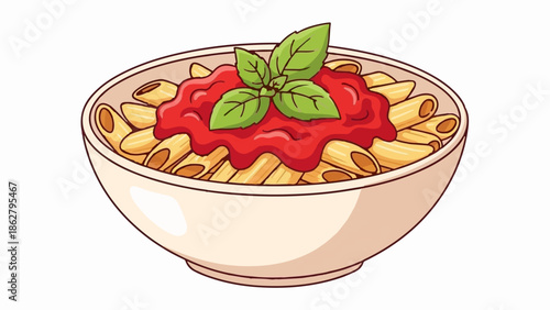 A delicious bowl of penne pasta with rich tomato sauce and fresh basil