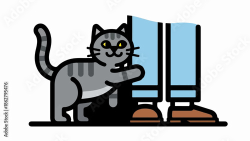 A cheerful grey tabby cat with yellow eyes rubs against a person's blue-jeaned legs, seeking attention