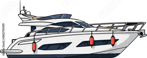 A modern white motor yacht with blue windows and red fenders