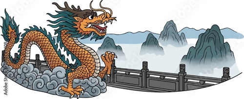 A mythical serpent-like creature with scales and claws perches on clouds, overlooking a misty mountain range