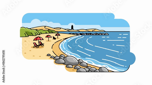 A charming beach scene with sandy shores, inviting lounge chairs, and a calm blue sea under a cloudy sky