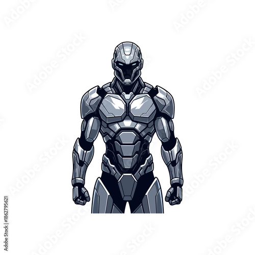 Futuristic armored warrior standing in a metallic pose, showcasing advanced technology and sleek design