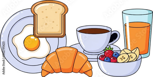A delightful cartoon breakfast spread featuring fried egg, toast, croissant, coffee, juice, and fruit salad
