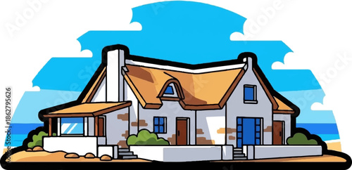 A charming cartoon beach house illustration with a thatched roof, blue sky, and ocean backdrop