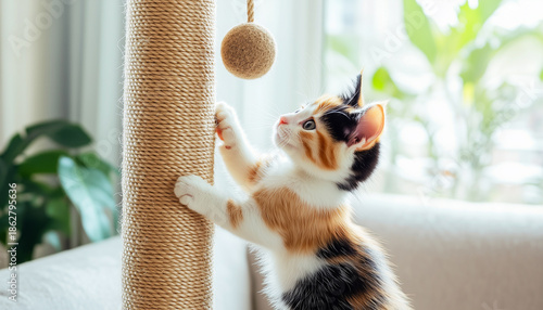 Calico kitten play with ball toy, scratching post in a bright, cozy living room. Concept of pet care, importance of engaging pets