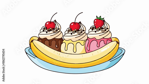 A colorful cartoon banana split with three scoops of ice cream, topped with whipped cream, nuts, and fruit