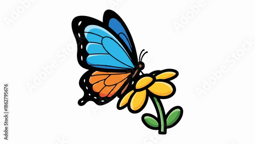 A colorful cartoon butterfly with blue and orange wings is gently perched on a bright yellow flower bloom