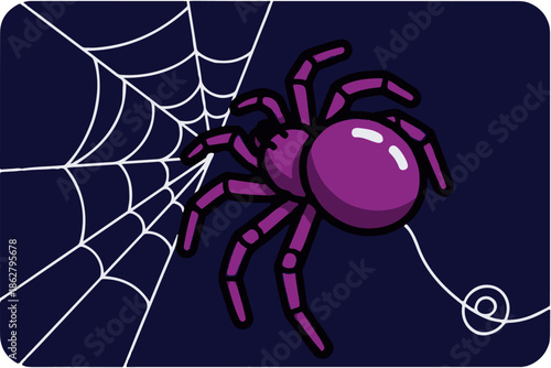 A cartoon purple spider with eight legs is spinning a web on a dark blue background