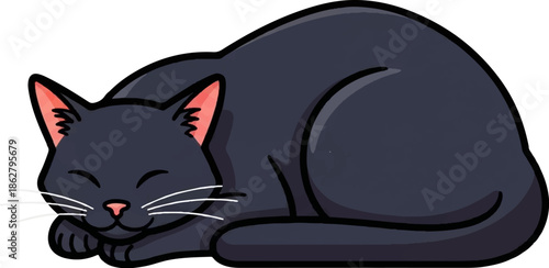 A charming cartoon black cat naps peacefully, curled into a cozy ball