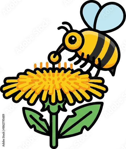 A charming cartoon bee with blue wings and black stripes collects nectar from a vibrant yellow dandelion