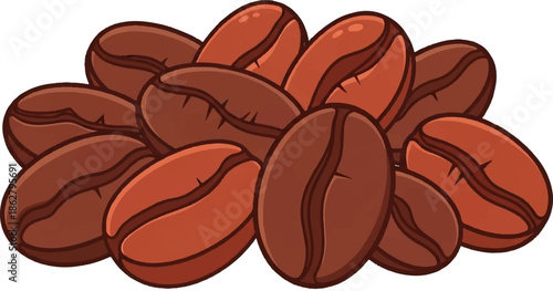 A delightful cartoon illustration of a pile of roasted brown and reddish-brown coffee beans with dark outlines