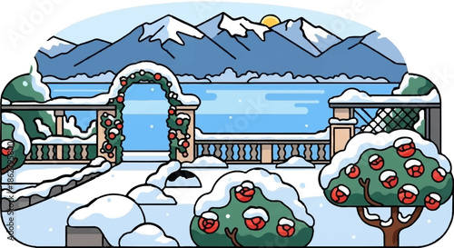 A charming cartoon garden covered in snow with a festive arch, overlooking a lake and snowy mountains at sunrise