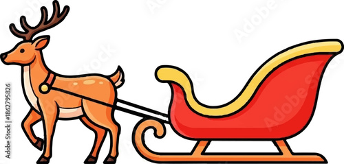 A cartoon reindeer pulls a festive red sleigh with yellow trim against a white background