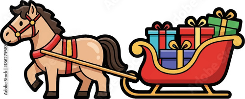 A charming cartoon horse with a harness pulling a red sleigh overflowing with colorful, wrapped Christmas presents