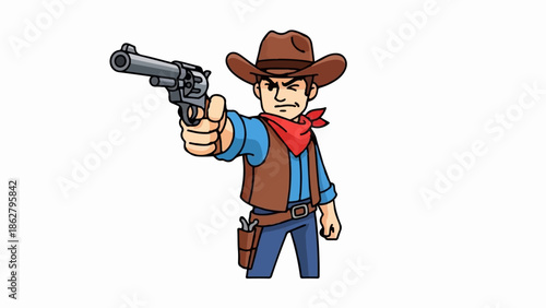 A cartoon cowboy character in a brown hat, vest, blue shirt, and red bandana, holding a revolver