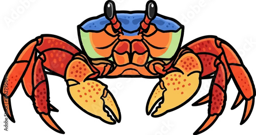 A colorful cartoon illustration of a crab with orange body, blue shell, and yellow claws on white