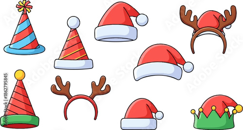 A delightful collection of cartoon Christmas and party hats, including Santa hats, elf hats, and reindeer antlers