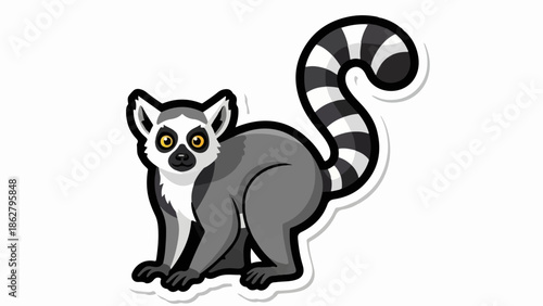 A cartoon ring-tailed lemur with yellow eyes and a striped tail sits alertly