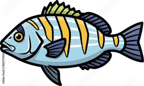 A colorful cartoon illustration of a light blue fish with distinct yellow and white stripes