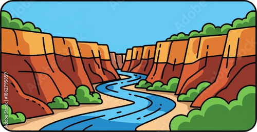 A cartoon river flows through a colorful canyon with layered rock and green bushes