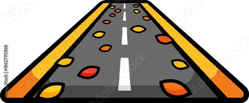 A cartoon road with yellow shoulders and white dashed lines, scattered with colorful autumn leaves