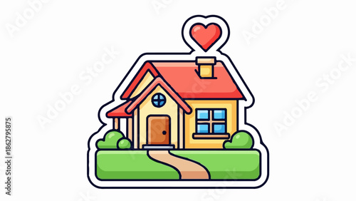 A charming cartoon house with a red roof, yellow walls, and a heart above the chimney, set on green grass with a path
