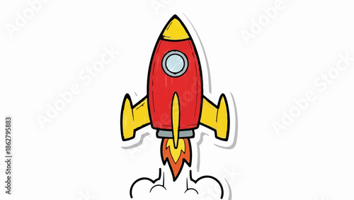 A cheerful red and yellow cartoon rocket, mid-launch with fire and smoke, on a white background