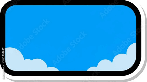 A cheerful rectangular cartoon frame with a vibrant blue sky and fluffy white clouds at the bottom