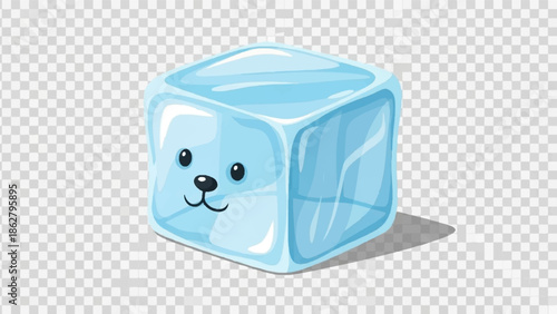 A charming cartoon ice cube with a cute face, casting a subtle shadow