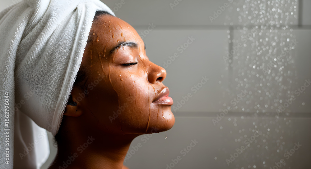Fototapeta premium Woman enjoying a refreshing shower with water droplets on her face