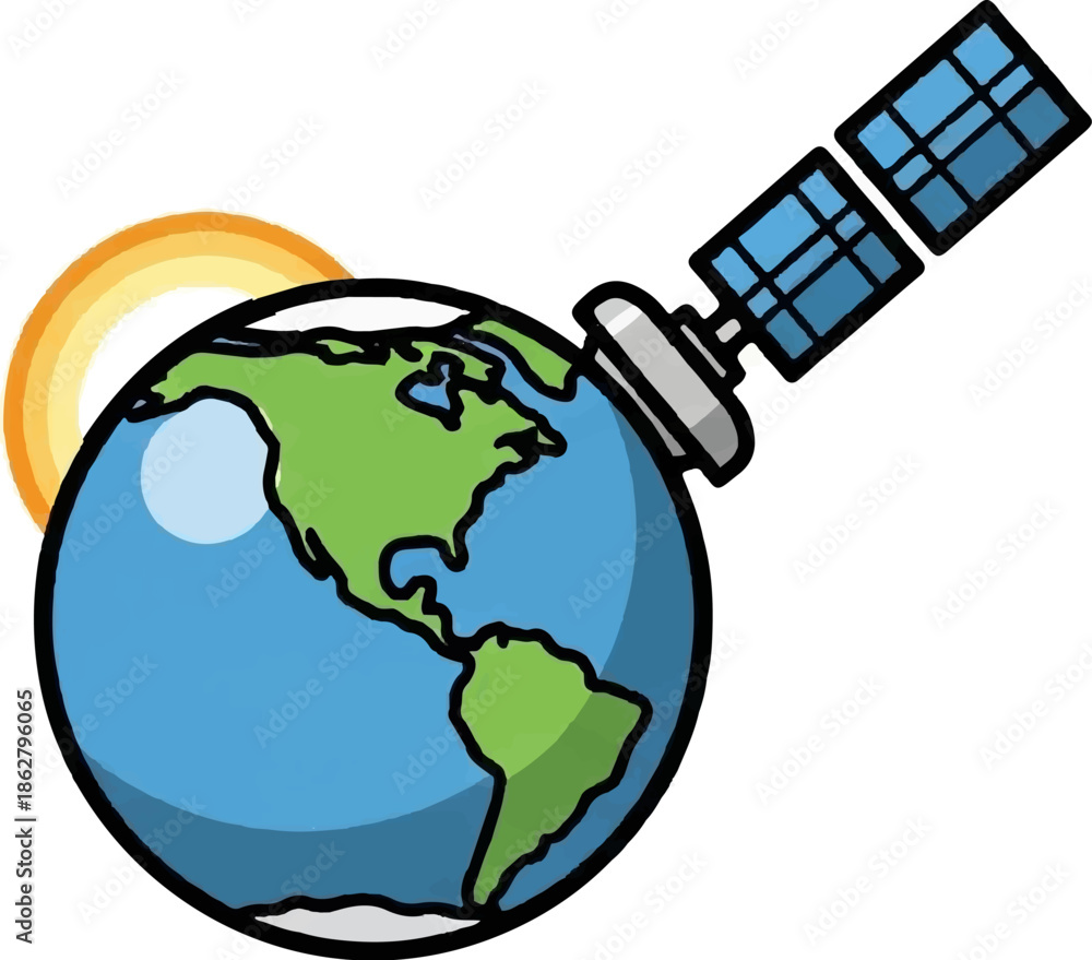 Fototapeta premium A colorful cartoon illustration of Earth with North and South America visible, orbited by a satellite and sun