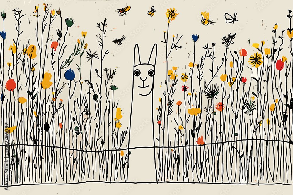 Fototapeta premium Playful Llama Surrounded by Colorful Wildflowers