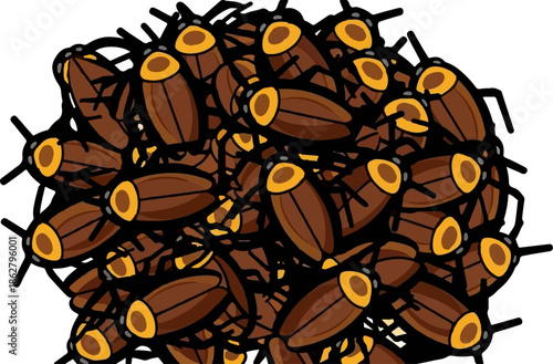 A dense swarm of stylized brown cockroaches with orange and yellow markings, packed together