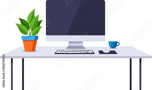 A desktop computer with a keyboard, mouse, coffee cup, and potted plant on a desk