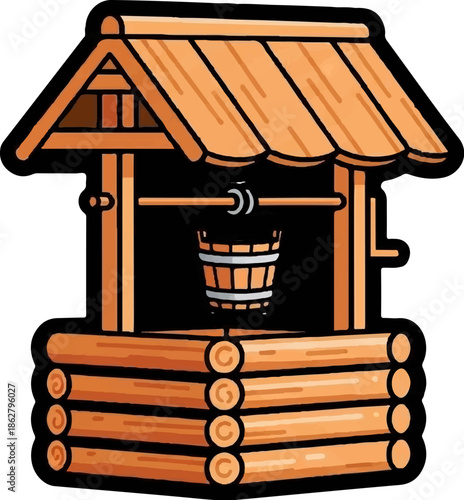 A charming cartoon illustration of a classic wooden well with a roof and a hanging water bucket