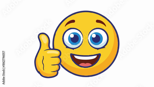 A cheerful yellow emoji gives a thumbs-up, with wide blue eyes and a broad smile
