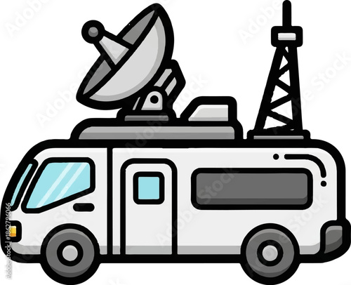 A cartoon satellite van with a dish and tower, symbolizing broadcasting and communication technology
