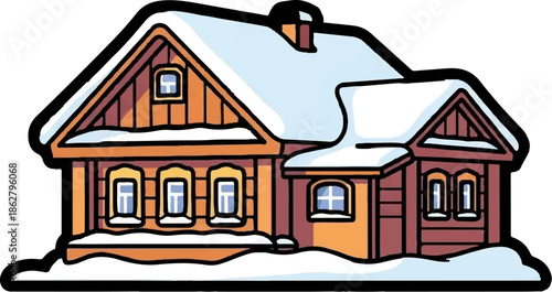 A charming cartoon illustration of a cozy wooden house with a snow-covered roof and wintery surroundings