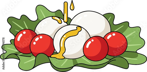 A colorful cartoon illustration of fresh mozzarella balls drizzled with oil and cherry tomatoes