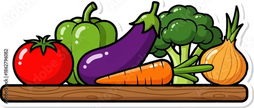 A colorful cartoon illustration of fresh vegetables displayed on a wooden shelf