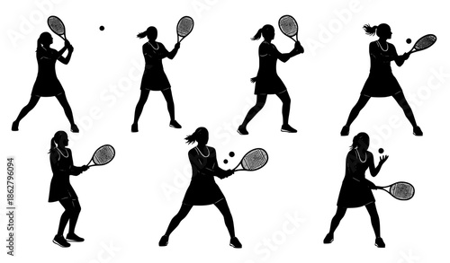 Women tennis silhouette vector set with female players in action poses