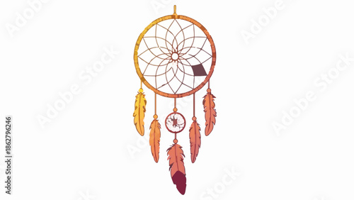 A circular dreamcatcher with intricate web, adorned with colorful feathers