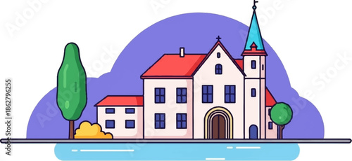 A charming cartoon illustration of a traditional European-style church and buildings by a canal with trees