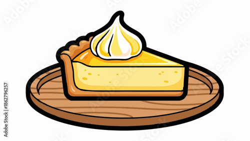 A cartoon slice of lemon pie with meringue topping on a rustic wooden board, isolated on white