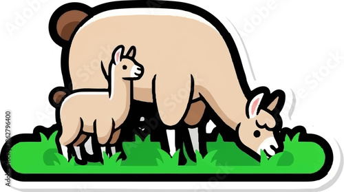 A cartoon sticker illustration featuring a mother alpaca and her baby grazing on vibrant green grass