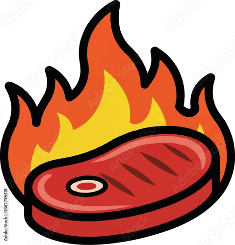 A cartoon steak with grill marks and a bone, is cooking over bright orange and yellow flames