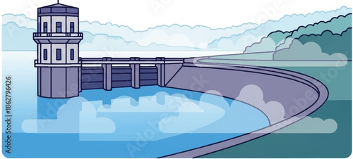 A graphic illustration of a large dam with a water tower, holding back a vast reservoir