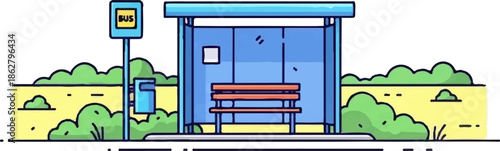 A cartoon bus stop with a bench, shelter, and sign